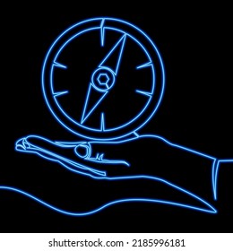 Continuous Line Drawing Giving Hand With Compass Icon Neon Concept