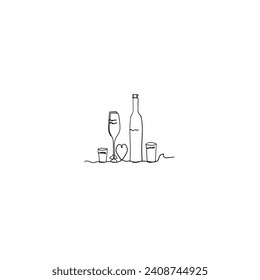 Continuous Line Drawing glass bottles and romantic dates. Illustration Icon Vector. Sketch Drawing wine Bottle and Glass