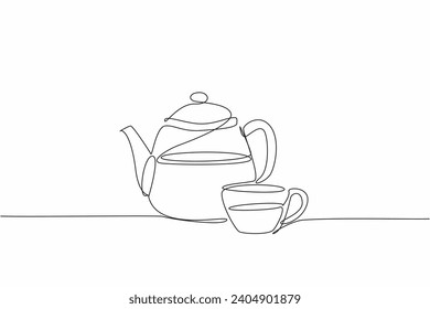 Continuous line drawing glass of brown tea and beauty porcelain tea pot. National Hot Tea Day as modern lifestyle, 12 January. International event