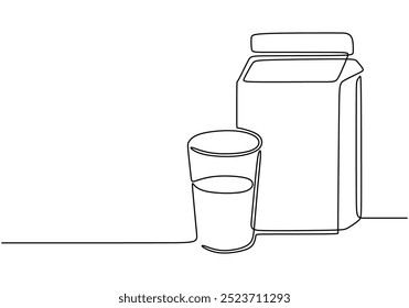 Dibujo de línea continuo de un cartón de vidrio y leche. Diseño minimalista de lo esencial para el desayuno. Ilustración vectorial.