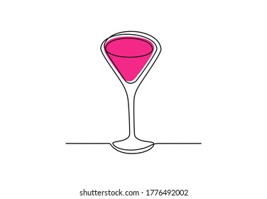 Continuous line drawing of glass with pink cocktail isolated on white background. Hand drawn cone shaped glass for logoand posters. Vector minimalistic illustration