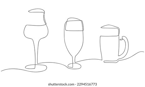 Continuous line drawing glasses of beer set. Oktoberfest. Vector illustration.