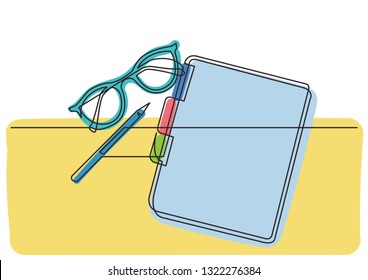 continuous line drawing of glasses notepad and pencil
