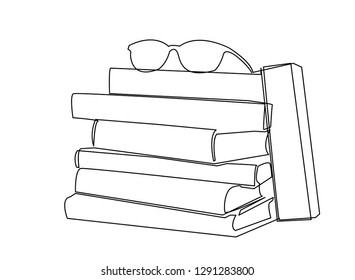 continuous line drawing of Glasses are on top of stacked books. Education concept