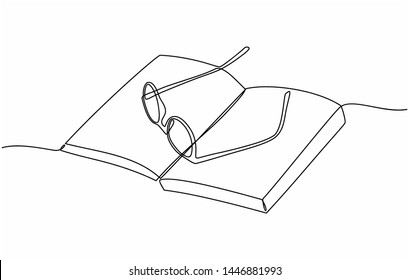 Continuous line drawing of a glasses are placed on top of the book. Educational concepts and knowledge. Learning, Education. vector illustration isolated on white background