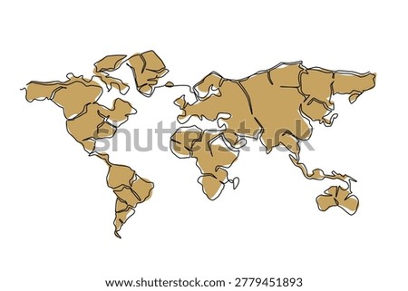 Continuous line drawing of global world map made of dry cracked desert land. Severe climate change nature phenomena concept for World Day to Combat Desertification and Drought documentary graphic.