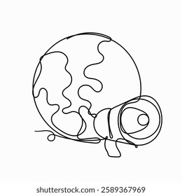 continuous line drawing globe and megaphone illustration