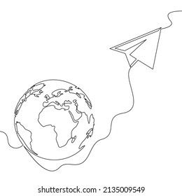 Continuous line drawing Globe with paper plane
