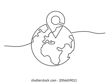 Continuous line drawing of globe with point location. Vector illustration
