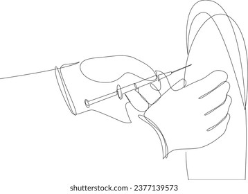 Dibujo continuo de las manos engullidas de un médico vacunando al paciente. Concepto médico, ilustración vectorial.