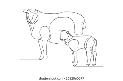 Desenho em linha contínuo de animais selvagens das espécies caprina, ovina e cordeiro. As férias muçulmanas sacrificam um animal a deus eid al adha. Traçado editável de esboço de ilustração vetorial