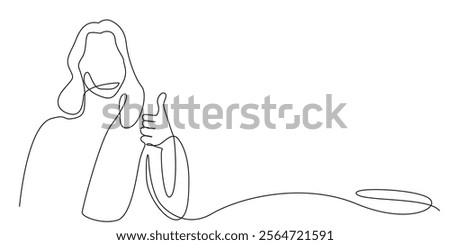 continuous line drawing of god jesus with thumbs up hand gesture.one line drawing of jesus with OK hand gesture.single line vector illustration.isolated white background