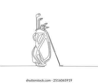 Continuous line drawing of golf bag full of clubs. Single line illustration of golfer sport equipment. International golf day concept. Editable outline 
