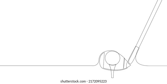 Continuous line drawing of golf club and ball. Vector illustration.