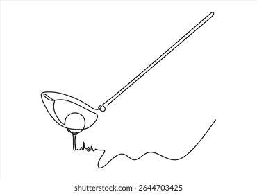 Continuous line drawing of golf club and ball. Vector illustration.
