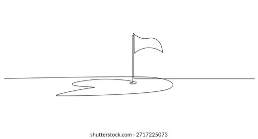 Continuous line drawing of a golf course with a flag and hole, symbolizing precision, focus, and outdoor sport activities. Single line illustration suitable for golf, leisure, competition, and recreation themes.