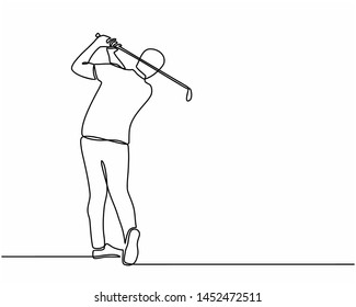 Continuous line drawing of the Golfer hit the ball in full swing to compete. Healthy Sport. man golfer player doing golf. Healthy Lifestyle Concept isolated on white background.