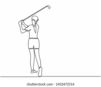 Continuous line drawing of the Golfer hit the ball in full swing to compete. Healthy Sport. Sporty woman golfer player doing golf. Healthy Lifestyle Concept isolated on white background.