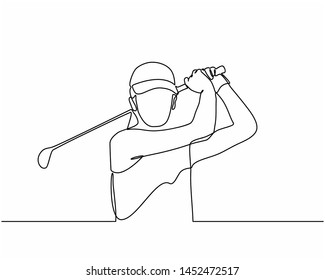 Continuous line drawing of the Golfer hit the ball in full swing to compete. Healthy Sport. Sporty woman golfer player doing golf. Healthy Lifestyle Concept isolated on white background.