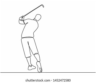 Continuous line drawing of the Golfer hit the ball in full swing to compete. Healthy Sport. man golfer player doing golf. Healthy Lifestyle Concept isolated on white background.