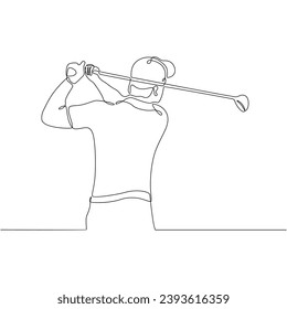 Continuous line drawing of Golfer hitting the ball with full swing to compete vector illustration