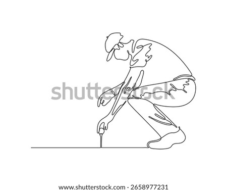 Continuous line drawing of a golfer placing a golf tee. Minimalist golf player pose art for sports and hobby themes