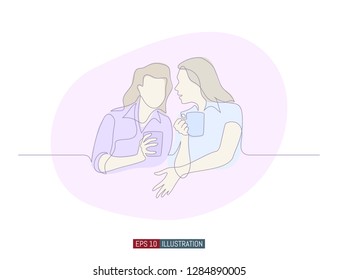 Continuous line drawing of gossip girls with cups. Template for your design works. Vector illustration.