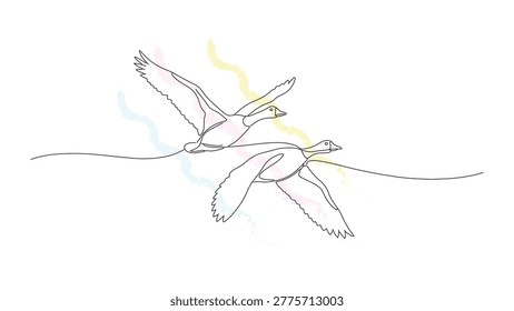 Continuous line drawing of graceful geese soaring through air with soft watercolor accents for contemporary artistic wall art.