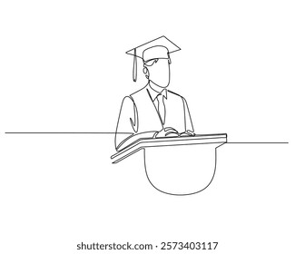 A continuous line drawing of a graduate in a cap and gown behind a podium, giving a speech. This minimalist illustration represents academic achievement and educational milestones