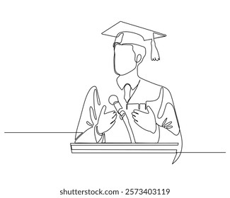 A continuous line drawing of a graduate in a cap and gown standing behind a podium, holding a microphone and giving a speech. minimalist illustration symbolizes academic achievement and graduation