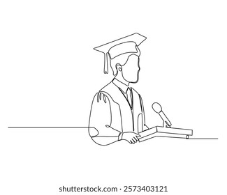 A continuous line drawing of a graduate in a cap and gown standing behind a podium with a microphone, giving a speech. academic achievement and graduation ceremonies