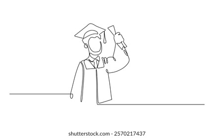 Continuous line drawing of a graduate holding a diploma, symbolizing academic achievement and success. Perfect for educational, motivational, and celebratory themes