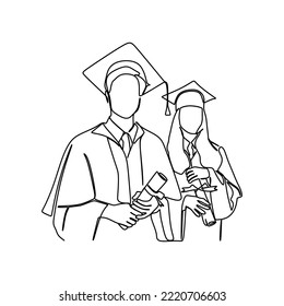 dibujo de línea continua de estudiantes graduados con gorra y vestido
