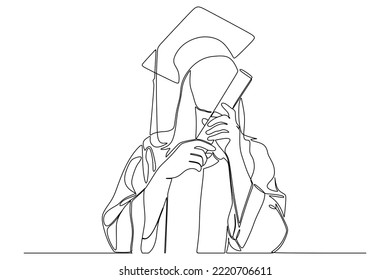 dibujo de línea continua de estudiantes graduados con gorra y vestido
