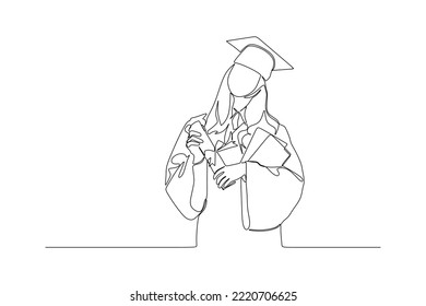 dibujo de línea continua de estudiantes graduados con gorra y vestido
