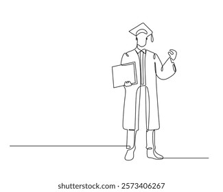 A continuous line drawing of a graduate wearing a cap and gown, holding a diploma. symbolizes academic achievement and success, perfect for educational and celebratory theme