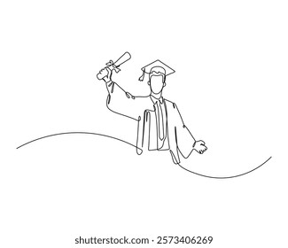 A continuous line drawing of a graduate wearing a cap and gown, holding a diploma in one hand and gesturing with the other hand. illustration symbolizes academic achievement