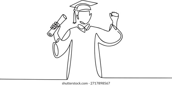 A continuous line drawing of a graduate wearing a cap and gown, holding a diploma in one hand and gesturing with the other hand. one line Icon drawing

