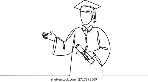 Un dibujo de línea continua de un graduado que lleva una gorra y una bata, sostiene un diploma en una mano y hace gestos con la otra mano
