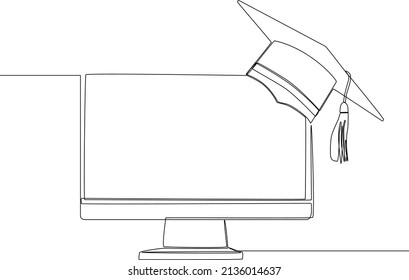 Continuous line drawing of  a graduation cap on the monitor.  Congratulations graduates. Vector illustration for degree ceremony.
