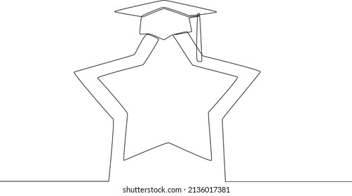 Continuous line drawing of  a graduation cap on the star. Celebrating university graduation. Flat vector illustration.