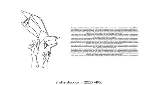 continuous line drawing of graduation cap and hands. one hand line drawing of throwing a graduation hat