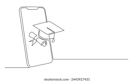 continuous line drawing of graduation cap and cell phone.one line drawing of online education.single line vector of educational services.isolated white background