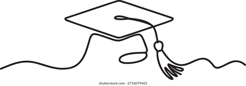 Kontinuierliche Linienzeichnung einer Mörtelplatte mit Graduierungskappe und Quaste, die akademische Leistung symbolisieren. Einzelne Umrisskunst der Kopfbekleidung für die Eröffnungszeremonie. Handgezeichnetes Minimaldesign steht für den Erfolg und die Ausbildung von Universitäts- oder Schulstudenten.