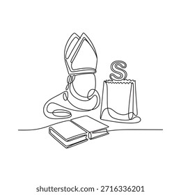 Dibujo de línea continuo de una tapa de graduación libros y bolsa de compras
