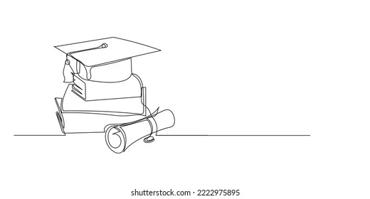 continuous line drawing of graduation caps and books . line drawing of university graduation signs