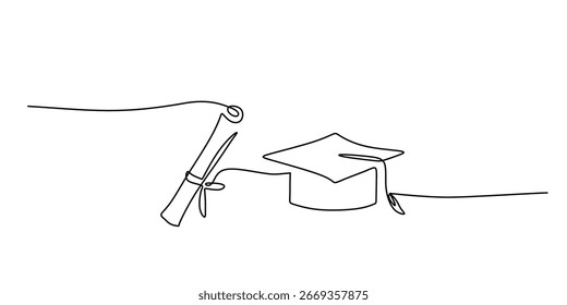 Dibujo de línea continua de sombrero de graduación y desplazamiento del certificado. Ilustración vectorial que simboliza la educación superior, el éxito académico y los logros de los estudiantes.
