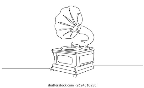Continuous Line Drawing of Gramophone on White Background. One Line Gramophone Illustration. Minimalist Design. Contour Abstract Drawing. Vector Illustration. 