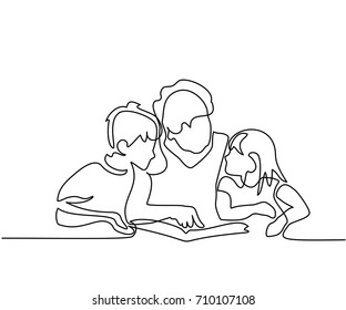 Continuous line drawing. Grandmother reading book with her grandchildren. Vector illustration Continuous line drawing. Grandmother reading book with her grandchildren. Vector illustration