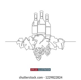 Continuous line drawing of grape wreath with wine bottles. Template for your design works. Vector illustration.